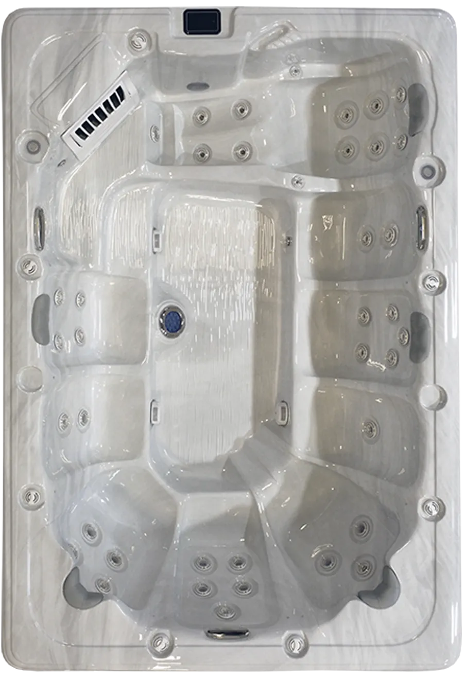 Overhead view of the featured Dynasty hot tub showing its seating layout and jets