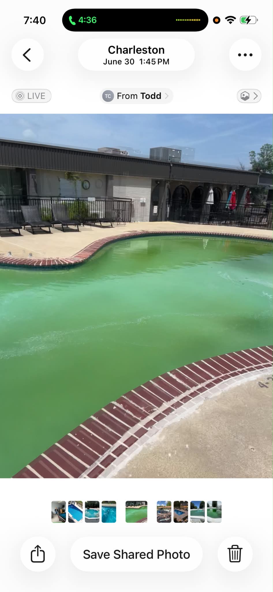 Outdoor hotel pool with green water before American Spas service