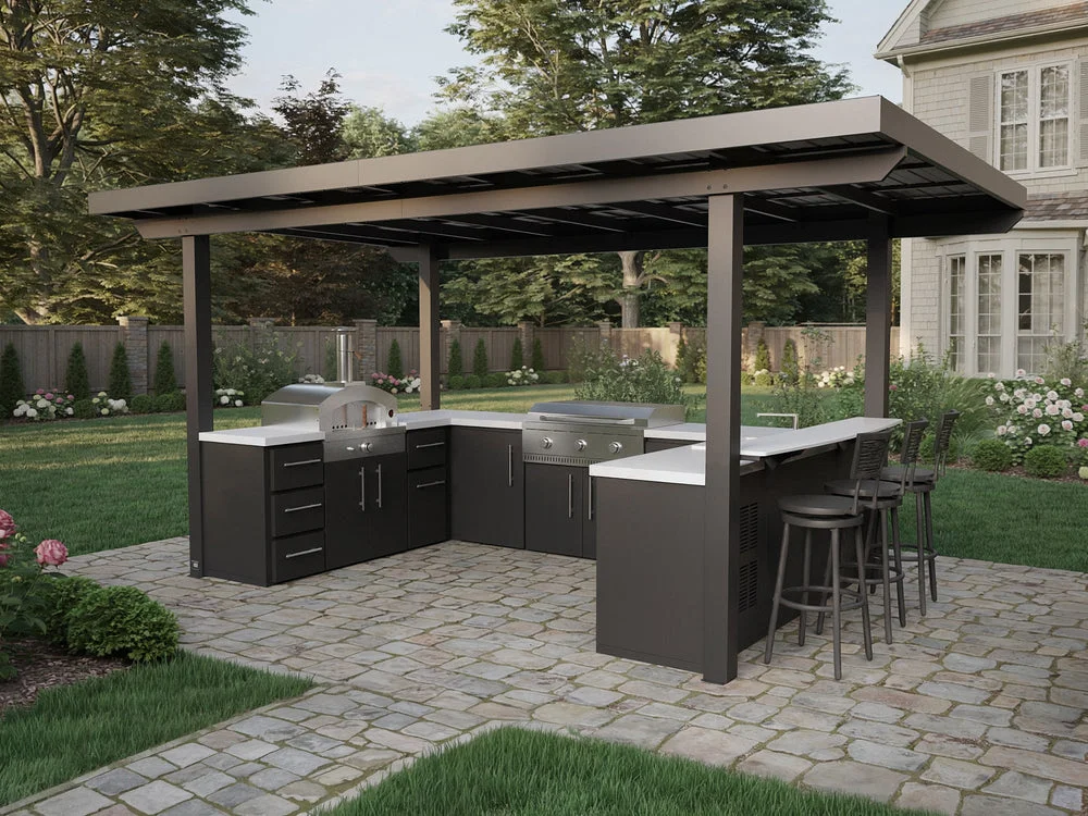 Edgemont Bay | U-Shape Outdoor Kitchen with Bar Seating, Griddle & Pizza Oven